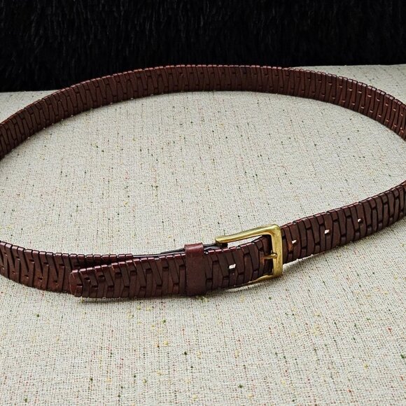 Genuine Leather Belt Brown Braided Unisex Gold Tone Solid Brass Buckle Waistband - Picture 11 of 12